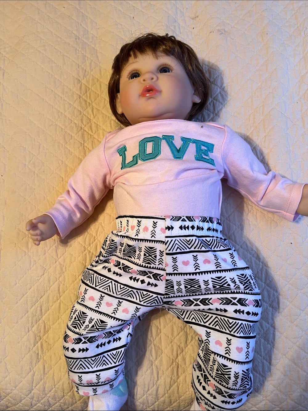 Source Unknown Pink LOVE Baby Doll with Black & White Patterned Pants